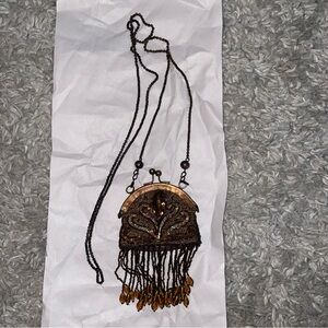 Vintage Wayne M Kleski  Brown and Gold Beaded Kiss Lock Evening Bag